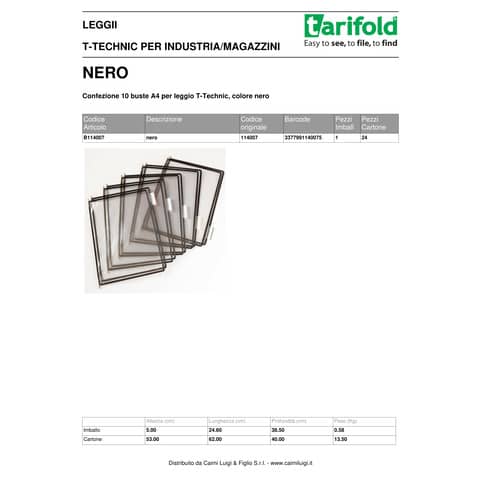 Buste per leggio Tarifold® T-Technic A4 nero - PVC bordo rinforzato Conf. 10 pezzi - B114007